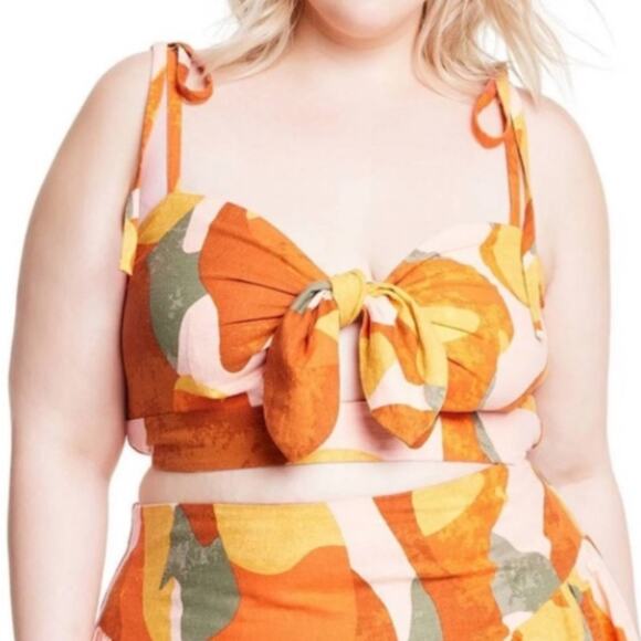 Fe Noel x Target Mixed Paint Print Knotted Crop Tank Top Linen Floral Smocked L - Picture 1 of 9